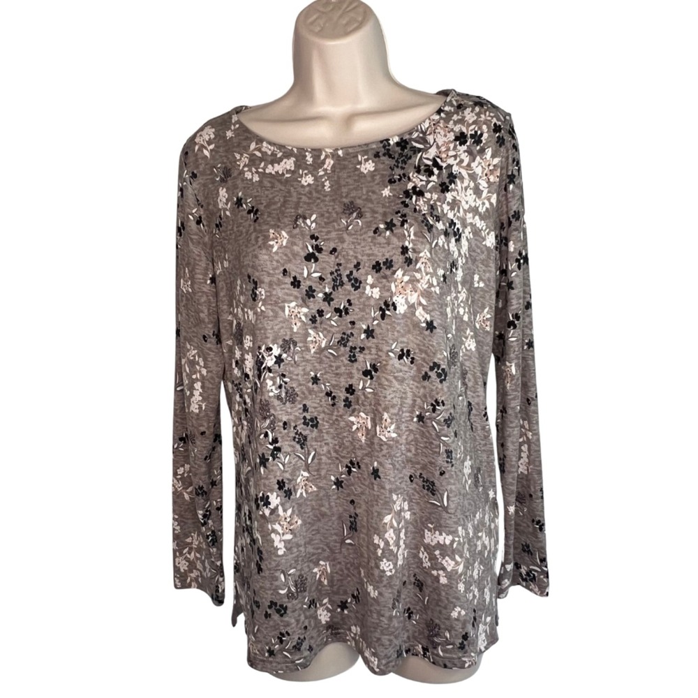 Mario Serrani Italy Top Earthy Muted Floral Long Sleeve Boat Neck Brown Sz Small